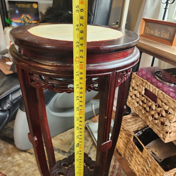 Vintage Rosewood Carved Marble Top 33" Plant Stand Planter Dark Wood Cherry 50s - Picture 10 of 12